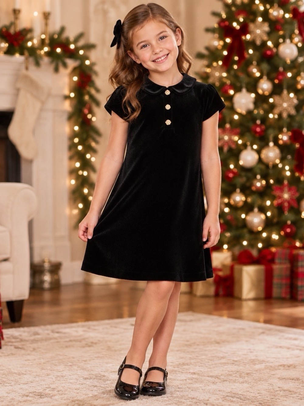 H&M Black Velvet Dress with Peter Pan Collar & Gold Buttons Girls Size 8